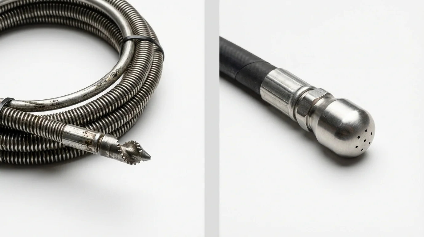Drain snake cable and hydro jetting nozzle used for drain cleaning in Nome, AK