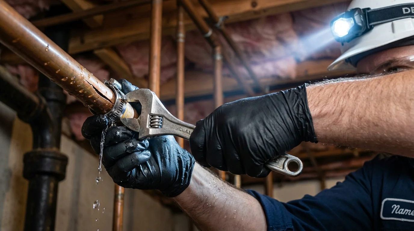 Emergency pipe clamp repair being performed by a Johns Plumbing LLC plumber in Nome