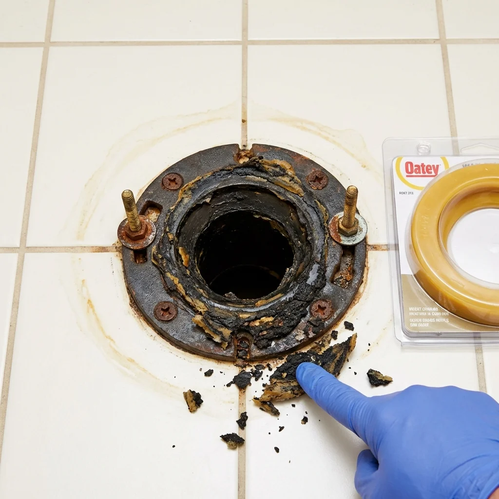 Failed wax ring showing water seepage at the base of a toilet in a Nome, AK home