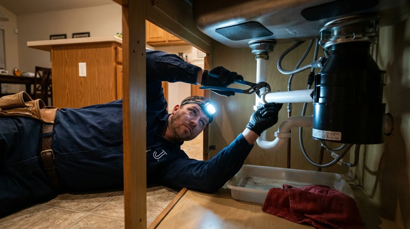 P-trap and supply line connections under a kitchen sink showing a common leak point in Nome, AK
